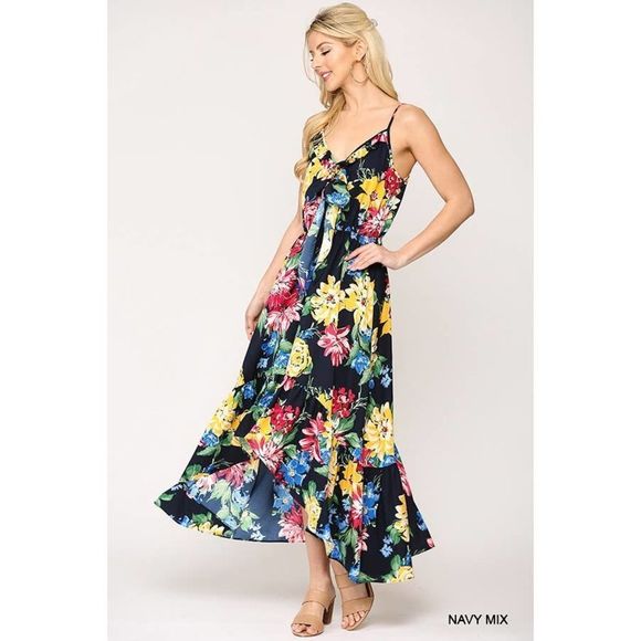 Black Floral Print High Low Maxi Dress L - Picture 1 of 5